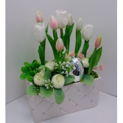 Stroik wielkanocny na stół komodę silikonowe tulipany srebrne jajko ceramiczne donica glamour /743