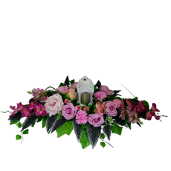 Latarnia róże mieczyki różowy stroik na cmentarz grób /342