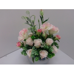 Stroik dekoracja, kompozycja na stół, komodę dekoracja ślubna róże. Srebrna ceramiczna doniczka/615