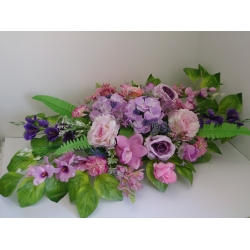 Stroik na grób XXL fioletowe hortensje róże, gladiole. Dekoracja nagrobna ze sztucznych kwiatów/282f