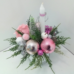 Stroik na stół bożonarodzeniowy flower box choinka bombki świeczka /638