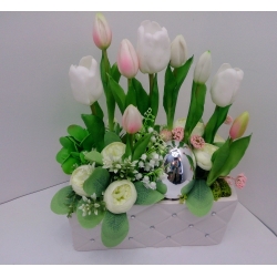 Stroik wielkanocny na stół komodę silikonowe tulipany srebrne jajko ceramiczne donica glamour /743