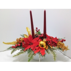 Stroik świąteczny na stół, bożonarodzeniowy czerwone poinsecje świece / 438